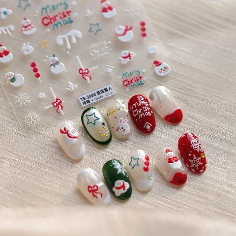 Christmas Nail Art Stickers 3D Embossed Snowman Snowflake Pattern Self Adhesive Festive Manicure Decoration For Women