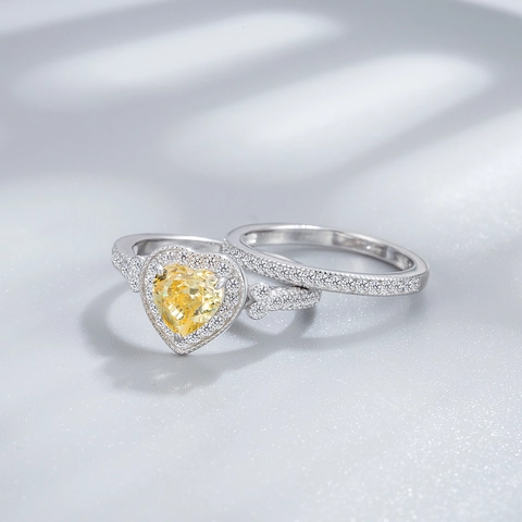 925 Sterling Silver Heart Ring Pink Yellow Rhinestone Inlaid Double Layer Split Shank Engagement Ring For Women Jewelry