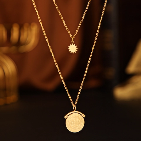 Double Layer Necklace 304 Stainless Steel Gold Sun Star Round Coin Medallion Pendant Retro Aesthetic Fashion Jewelry