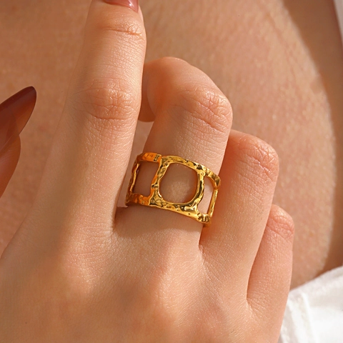 Anillo Abierto Geométrico Calado Acero Inoxidable Chapado En Oro 18K Textura Martillada Ajustable Hip Hop Retro Joyería Para Mujeres