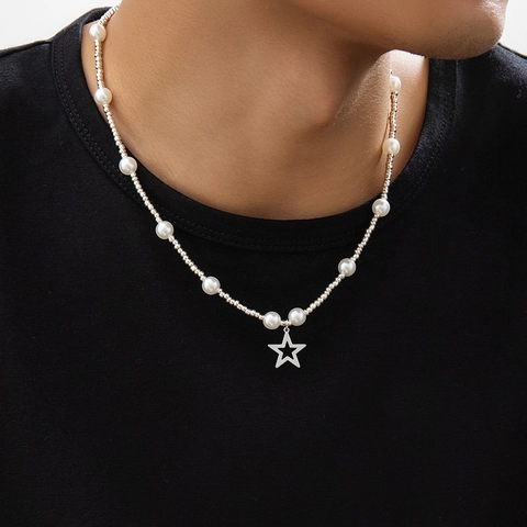 Collana con Perline di Künstliche Perle Imitazione Hip Hop Pendente a Stella Cava in Lega Choker per Uomo Donna Minimalista Gioielli Vintage