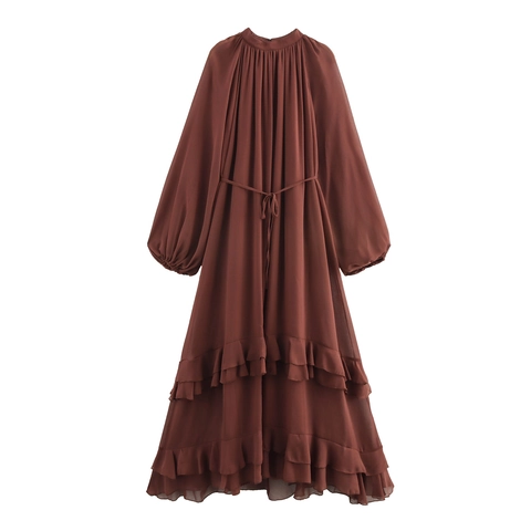 Women Bohemian Chiffon Maxi Dress Long Lantern Sleeve Ruffle Hem High Waist Belted Vacation Solid Color