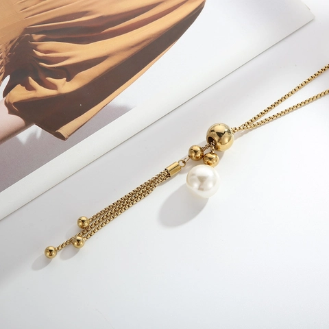 Edelstahl Lange Quasten Halskette Für Damen Mit Kunstperle Elegante Verstelbare Pulloverkette Minimalistischer Schmuck