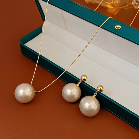 Elegant Imitation Artificial Pearl Necklace And Earrings With Silver Earring Post Real Gold Plated Copper Vintage Jewelry For Women