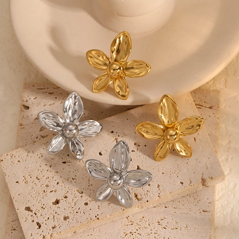Orecchini A Lobo Fiore Acciaio Inossidabile Placcato Oro 18K Vintage Retro Strutturato Metallico Donne
