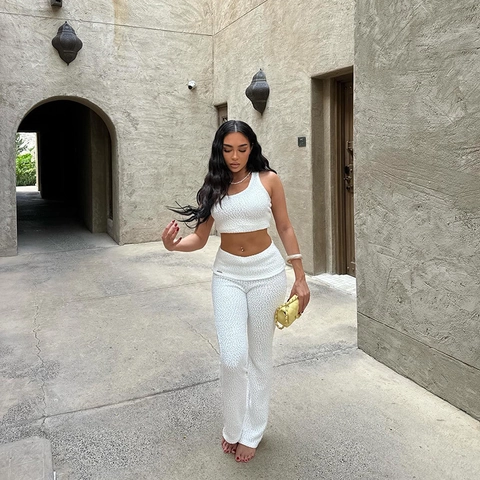 Women Matching Set Textured Knit Sleeveless Crop Tank Top And High Waisted Flare Pants Solid White Elegant Casual