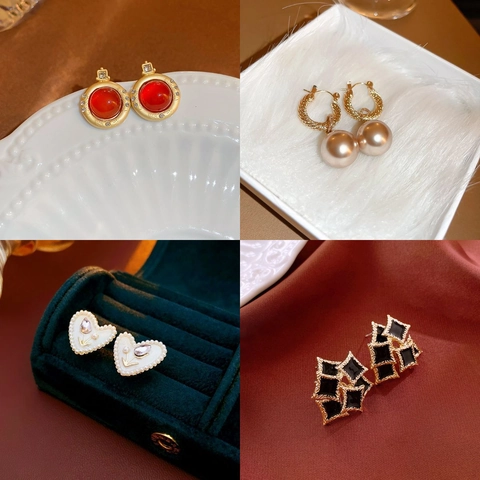 Vintage Alloy Stud Earrings With Silver Earring Post Faux Artificial Pearl Rhinestone Geometric For Women Elegant Gift
