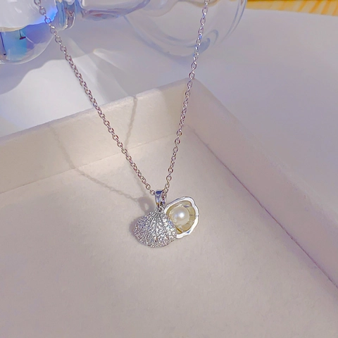 Openable Shell Artificial Pearl Necklace Titanium Steel Inlaid Zircon Elegant Ocean Style Pendant Jewelry For Women
