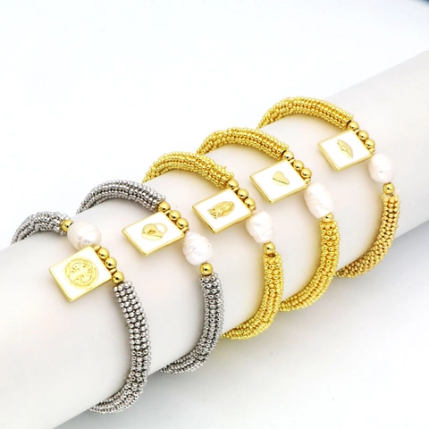 Bracciale Bohémien in Perline di Rame Donna Placcato Oro Argento Smalto Cuore Croce Vergine Maria Pendente Con Perla Artificiale