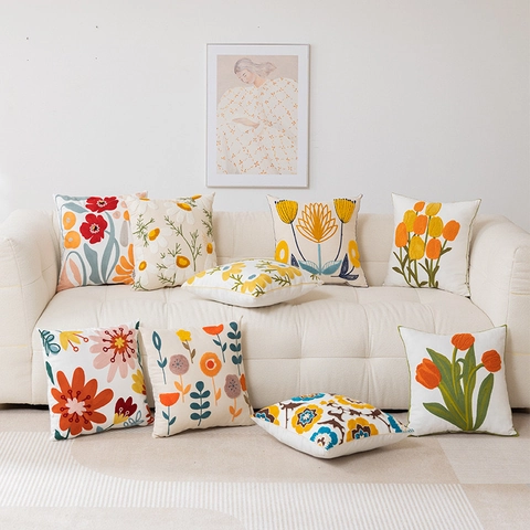 Towel Embroidery Flower Cushion Cover Cotton Linen 3D Daisy Tulip Pillow Case For Living Room Sofa Home Decor Modern Style