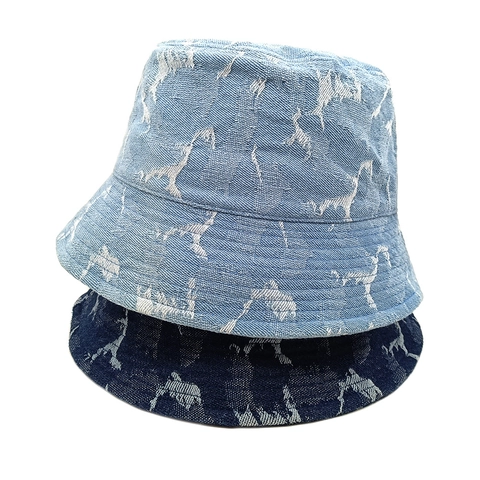 Retro Gewaschener Denim Fischerhut Damen Vintage Tier Jacquard Baumwolle Sonnenhut Atmungsaktiv Lässig