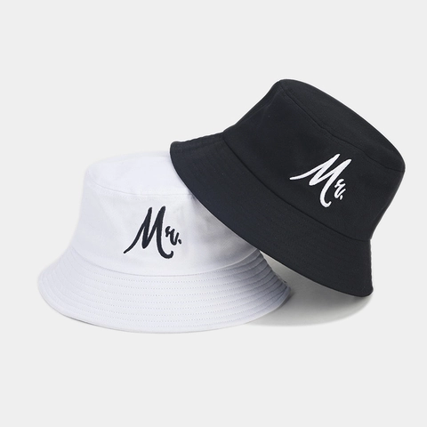 Cappello Da Pescatore Cotone Tela Mr Mrs Lettera Ricamo Protezione Solare Outdoor Coppia Berretto Casual
