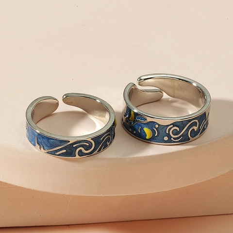 Vintage Starry Sky Pattern Alloy Enamel Open Adjustable Rings For Couples Romantic Artistic Jewelry Gift