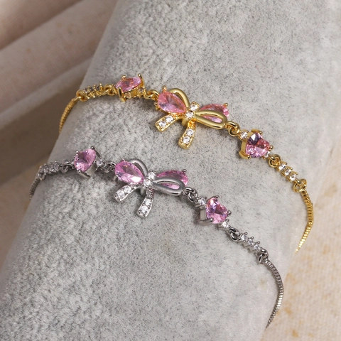 Pink Heart Zircon Bow Bracelet Copper Adjustable Sliding Clasp Elegant Sweet Jewelry For Women Girls