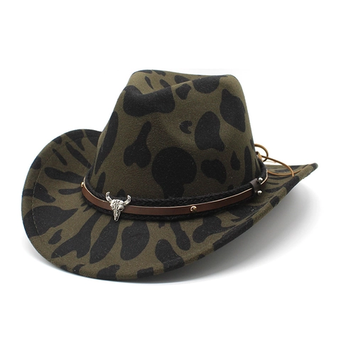 Chapeau De Cowboy Western Large Bord Imprimé Vache Feutre De Laine Fedora Vintage Avec Bande En Cuir Crâne De Taureau
