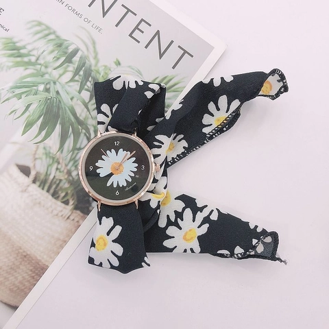 Daisy Flower Print Women's Quartz Watch With Ribbon Fabric Strap Alloy Case Casual Fashionable Wristwatch For Ladies