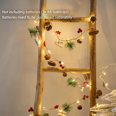 Christmas LED String Lights Pinecone Red Berries Pine Needles Warm White Fairy Lights For Indoor Home Party Holiday Decor Hanging Ornament Rustic Natural