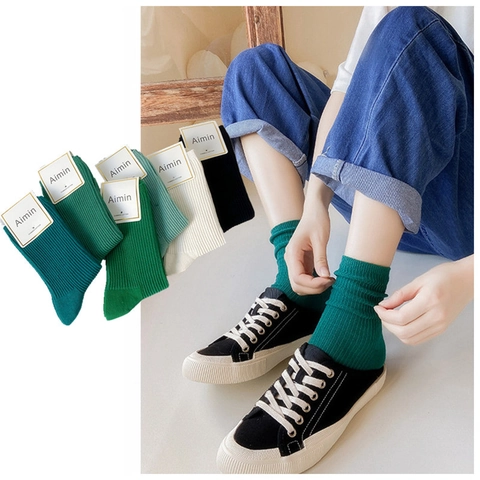Calcetines Slouch Para Mujer Algodón Peinado Canalé Calcetines Media Pantorrilla Color Sólido Transpirables Estilo Japonés