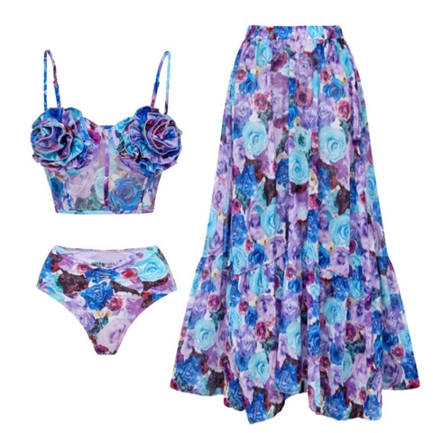 Bikini Halter Top Bas Taille Haute Jupe Longue Maillot De Bain Nylon Décoration De Fleurs Dimensionnelles Plage Floral