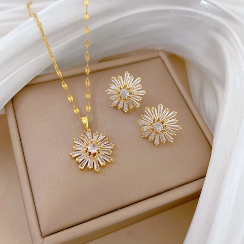 Elegant Sunflower Titanium Steel Necklace And Zircon Copper Earrings With Silver Earring Post Gold Plated Jewelry For Women
