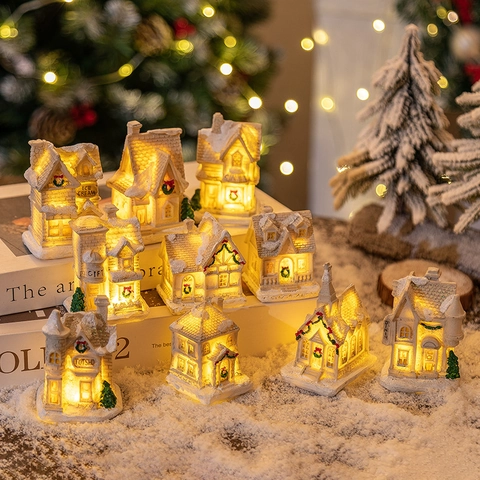 LED Light Up Christmas House Miniature Resin Snow Covered Village Building Ornament For Winter Holiday Desktop Decor