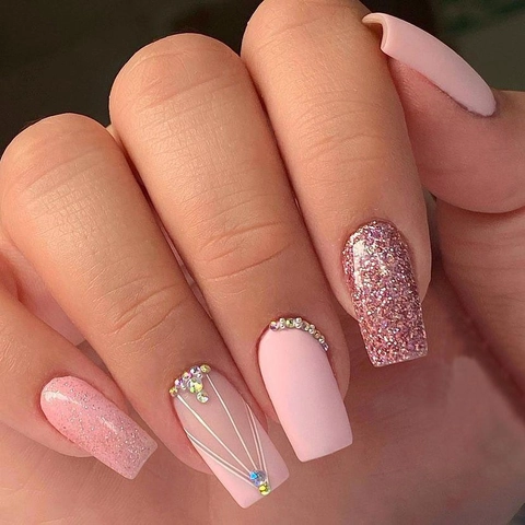 Pink Matte Long Square Press On Nails With Glitter Rhinestone Artificial Pearl ABS Plastic Elegant French Line Style For Women