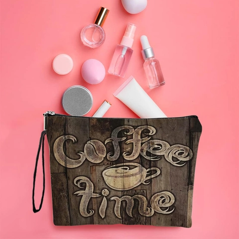 Coffee Theme Makeup Bag Zipper Pouch With Wristlet Strap Portable Polyester Linen Cosmetic Bag Travel Organizer