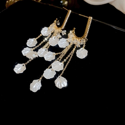 Vintage Long Tassel Drop Earrings With White Shell Petals Rhinestone And Silver Earring Post Elegant For Women