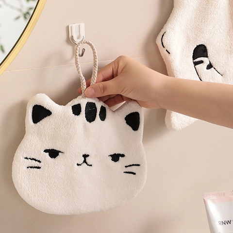 Hanging Hand Towel Cute Cat Shape Coral Fleece Soft Absorbent For Kitchen Bathroom Cartoon Animal Embroidery Quick Drying