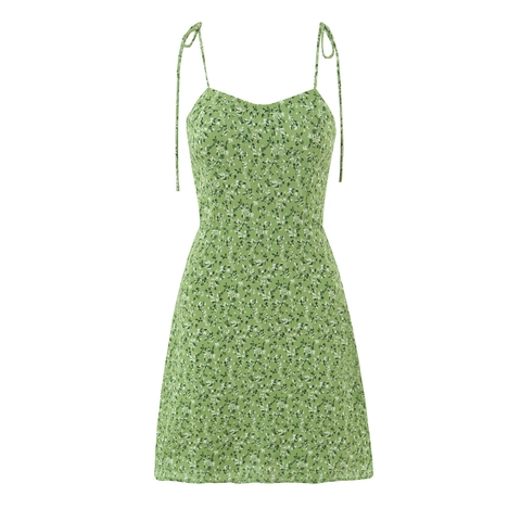 Damen Sommer Florales Cami Kleid Polyester Ärmellos Bindegurte Gesmokter Rücken Lässig Süß Mini A-Linie Grün