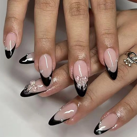 Uñas Postizas Forma Almendra Francesas Puntas Negras Con Lazo 3D Perla Artificial Diamantes Imitación Rosa Nude Uñas Artificiales