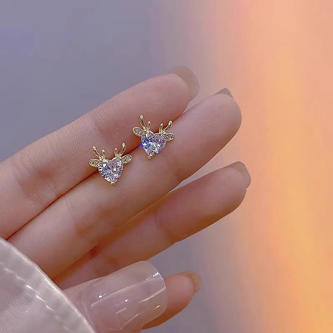 Cute Heart Zirconia Deer Antler Stud Earrings For Women Copper Gold Plated Minimalist Elk Animal Fashion Jewelry Earring