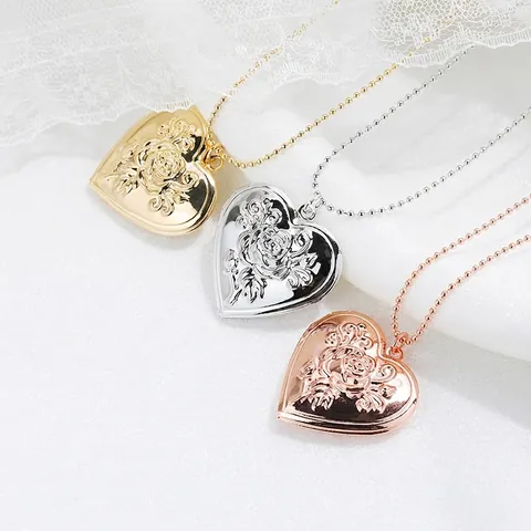 Heart Locket Necklace With Rose Relief Stainless Steel Copper Photo Holder Vintage Romantic Jewelry For Women