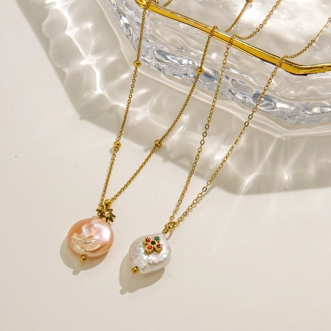 Collana Con Pendente In Perla Artificial Barocca Acciaio Inossidabile Placcato Oro Stella Fiore Zircone Gioielli Eleganti Donna