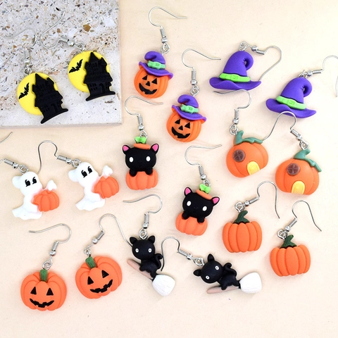 Boucles D'oreilles Halloween Dessin Animé Résine Citrouille Fantôme Chat Noir Chapeau Sorcière Castillo Avec Tige Titane