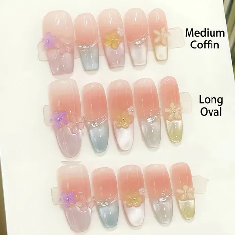 Unghie Finte Fatte A Mano Con Fiori 3D Effetto Occhio Di Gatto Strass Künstliche Perle Sintetiche Stile Francese