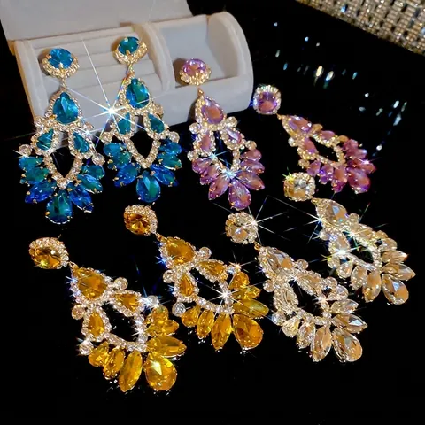 Orecchini Pendenti Goccia Strass Perno Argento Rame Geometrico Cavo Nappina Gioielli Eleganti Da Festa Per Donna