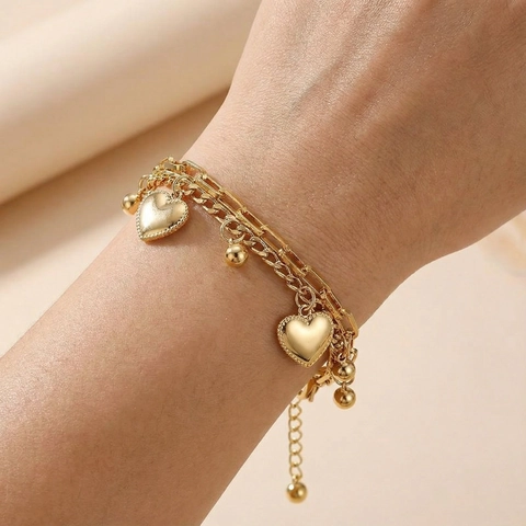 Double Layer Stainless Steel Bracelet With Heart Pendant And Metal Beads Fashion Jewelry For Women Adjustable