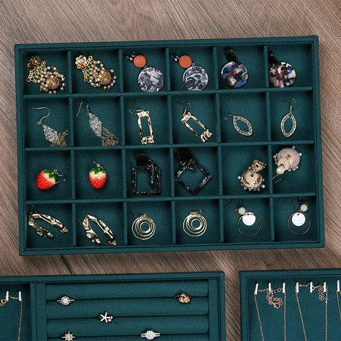 Vassoio Per Esposizione Gioielli In Velluto Verde Scuro Cornice In Legno Organizzatore Per Collana Anello Orecchino Bracciale Vetrina