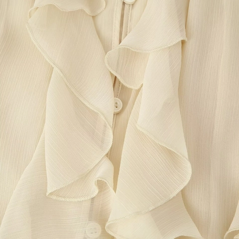 Women Long Sleeve Chiffon Blouse V Neck Layered Ruffle Button Front Solid Color Vintage Loose Casual Shirt Top