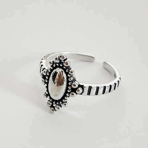 Anello Argento Sterling 925 Vintage Donna Stile Thailandese Regolabile Fascia Aperta Rilievo Ovale Bordo Perlato Gioielli