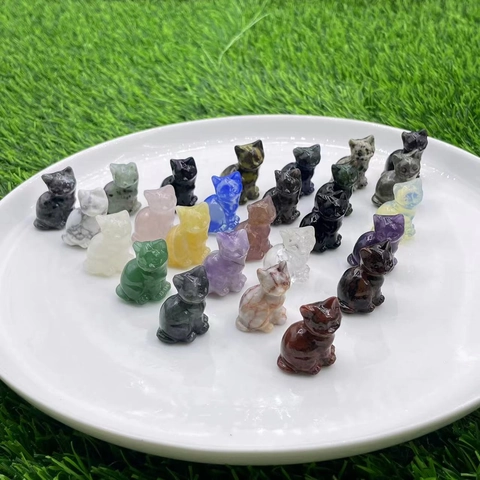 Mini Cat Figurine Natural Crystal Gemstone Hand Carved Animal Statue Home Office Decor Healing Pocket Stone Cute