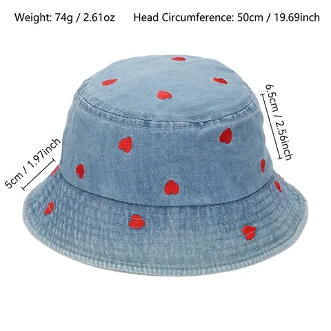 Kids Bucket Hat Cotton Denim Embroidery Bear Strawberry Heart Sun Protection Breathable Outdoor Toddler Boys Girls