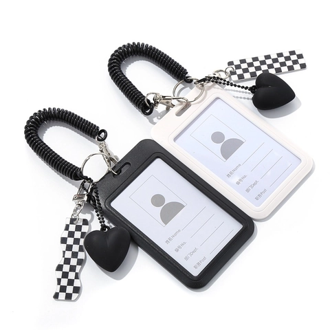 ID Card Holder Badge Protector Checkerboard Pattern Heart Pendant Spiral Lanyard Fashion Bag Charm Portable
