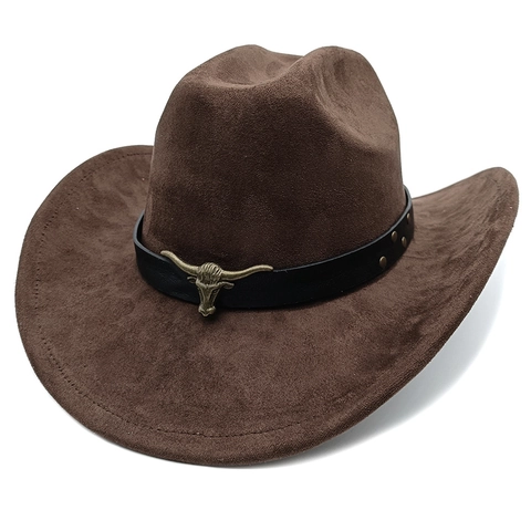 Western Cowboy Hat Suede Polyester With Bull Head Metal Decor Leather Belt Rivets Retro Outdoor Ethnic Style Men Women