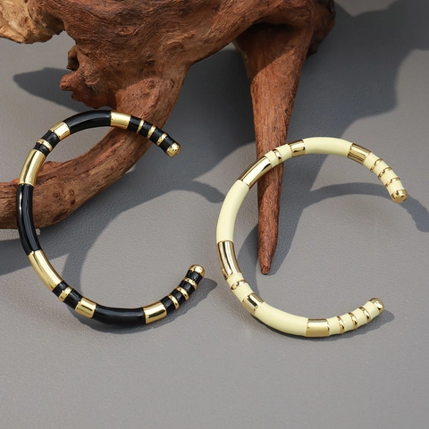 Vintage Luxe Koperen Emaille Open Manchet Armband Voor Dames 18K Goud Verguld Bamboestructuur Kleurblok Mode Sieraden