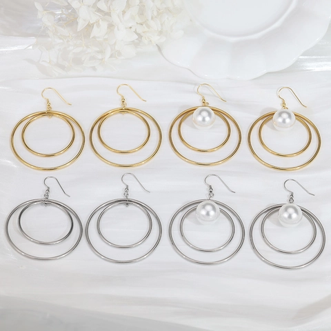 Pendientes De Aro Geométricos Acero Inoxidable Cobre Imitación Perla Artificial Círculo Doble Joyería Personalidad Para Mujeres