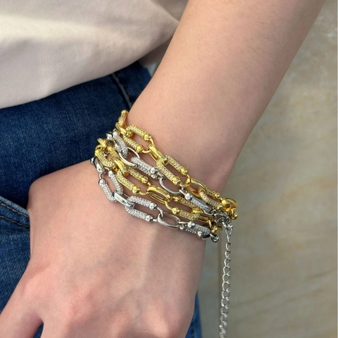 Pulsera De Cadena De Eslabones De Cobre De Moda Con Pavé De Circón Diseño De Anillo Geométrico Joyería De Muñeca Ajustable Para Mujer