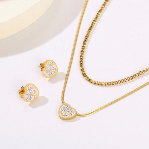 Stainless Steel Jewelry Set For Women Double Layer Snake Chain Heart Teardrop Pendant Rhinestone Necklace Earrings Gold Plated