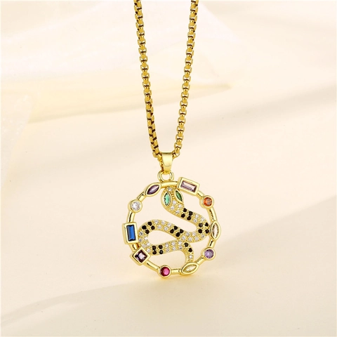 Collier Pendentif Serpent Acier Inoxydable Zircon Coloré Médaillon Rond Plaqué Or Chaîne Boîte Bijoux Pour Femmes